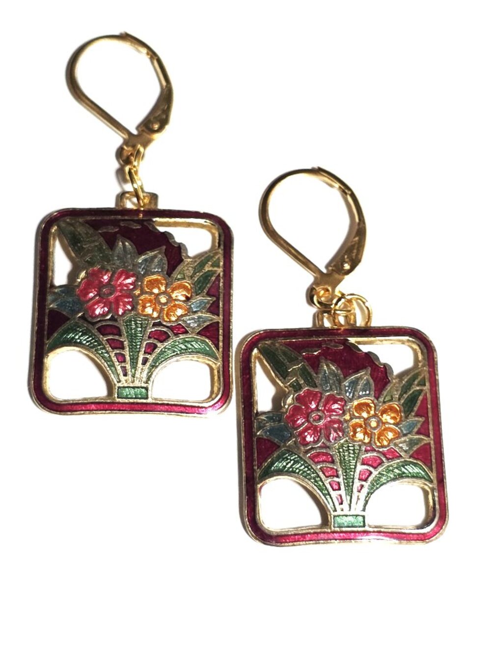 Flower basket cloisonne & gold-tone earrings